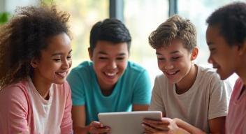 Students and teacher using tablets in a modern classroom